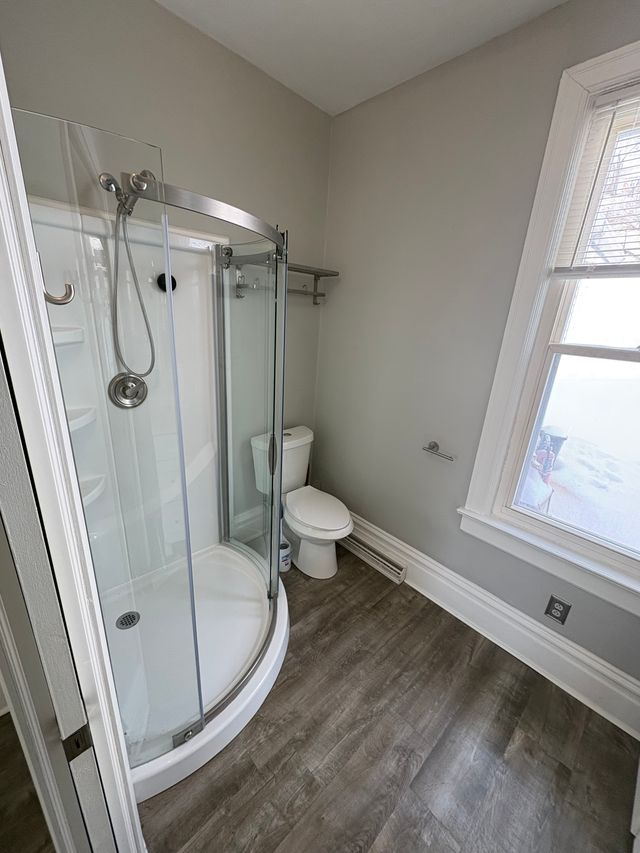 A finished bathroom with a curved glass corner shower, a toilet, grey walls and dark wood-look plank flooring.