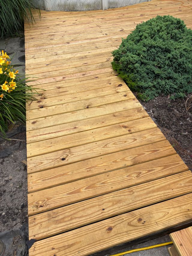A ground-level pressure-treated walkway of wide deck boards laid through a planting bed, past a low juniper and yellow daylilies.